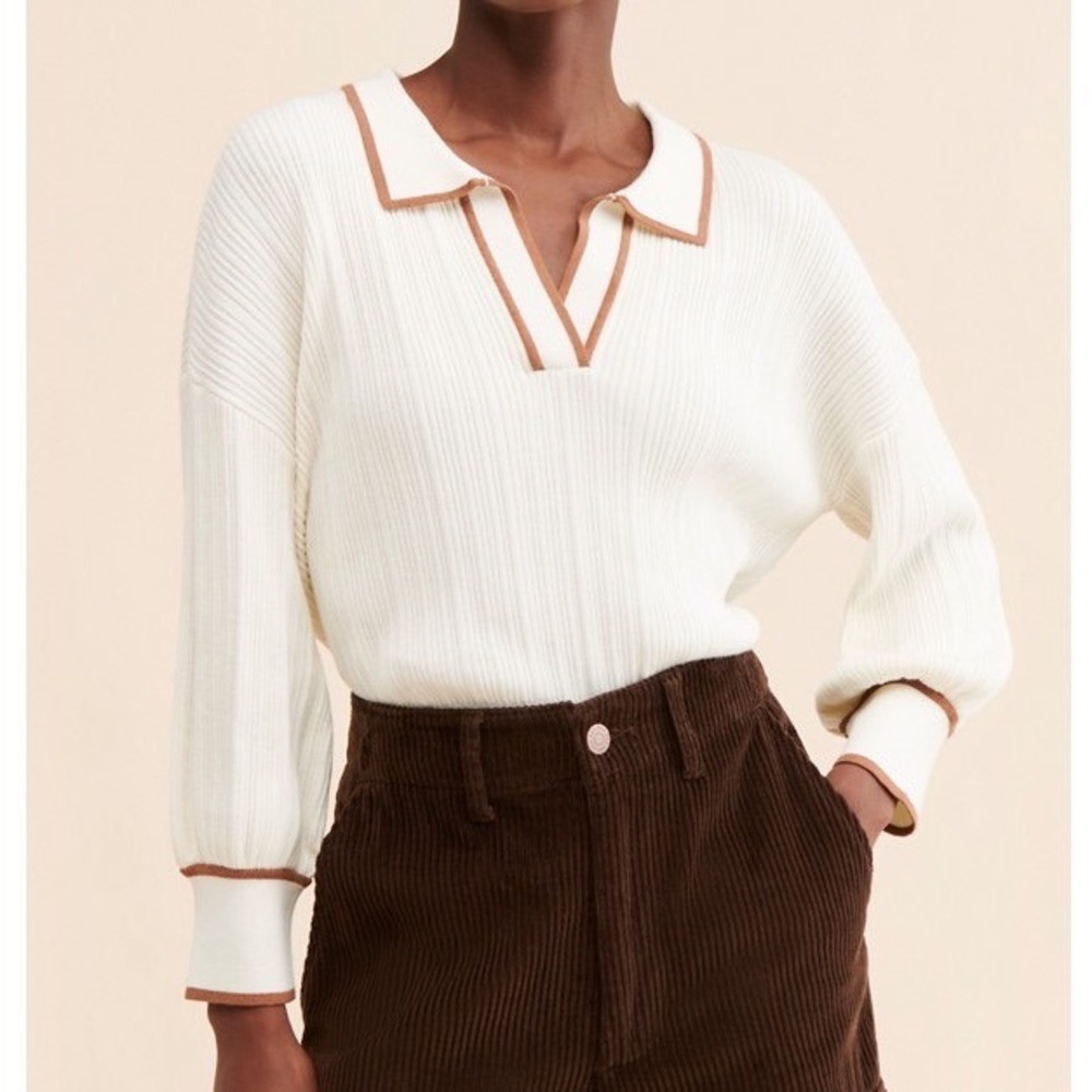 Sancia teofila Cream Ribbed Knit Polo Sweater‎ Brown Trim top L Preppy Chunky